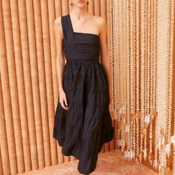 Ulla Johnson Ellie Dress Black Cotton One Shoulder Midi Dress - Picture 2 of 10